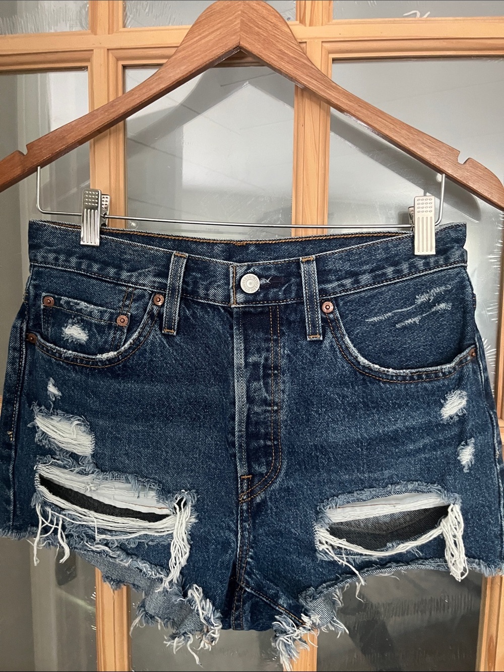 Levi’s 501 cutoff denim shorts dark blue destroyed Sz 27 button fly 2” inseam